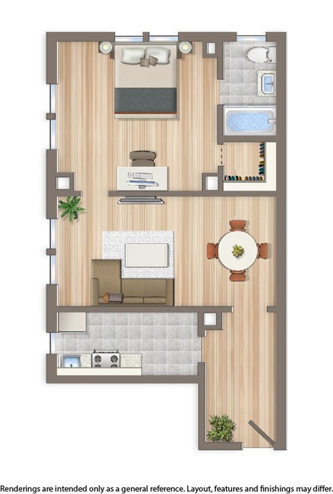 Floor plan for 1 bed, 1 bath, 630 sqft